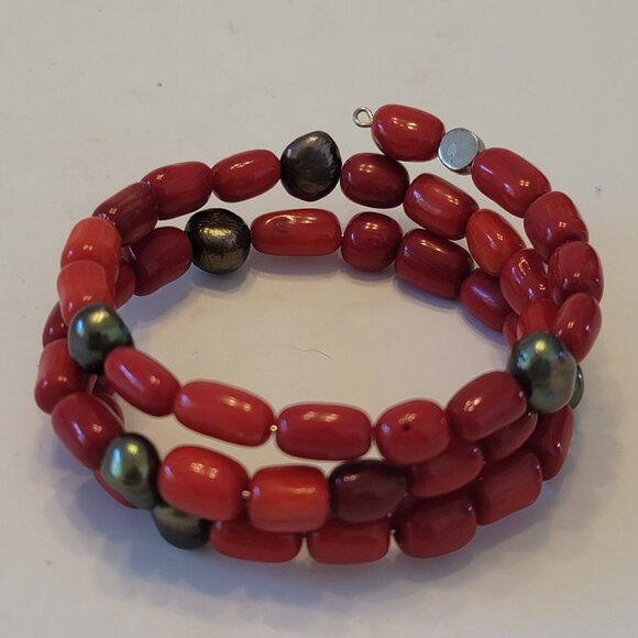 Jay King Jewelry - Jay King Red Coral & Pearl Wrap Bracelet DTR 925 Sterling Stretch One Size